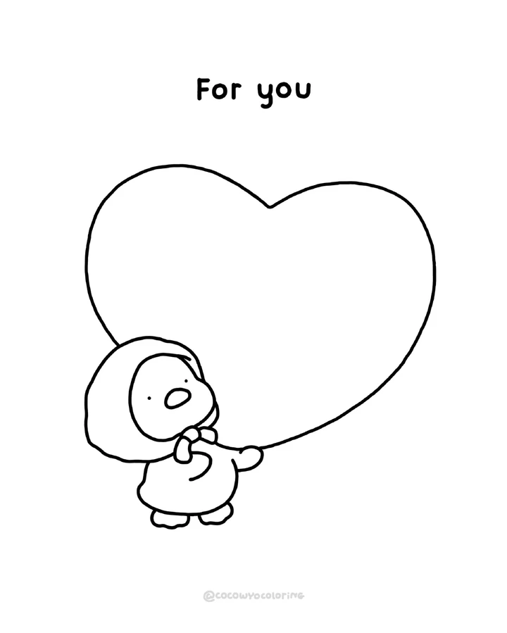 A character holding a heart for you to color