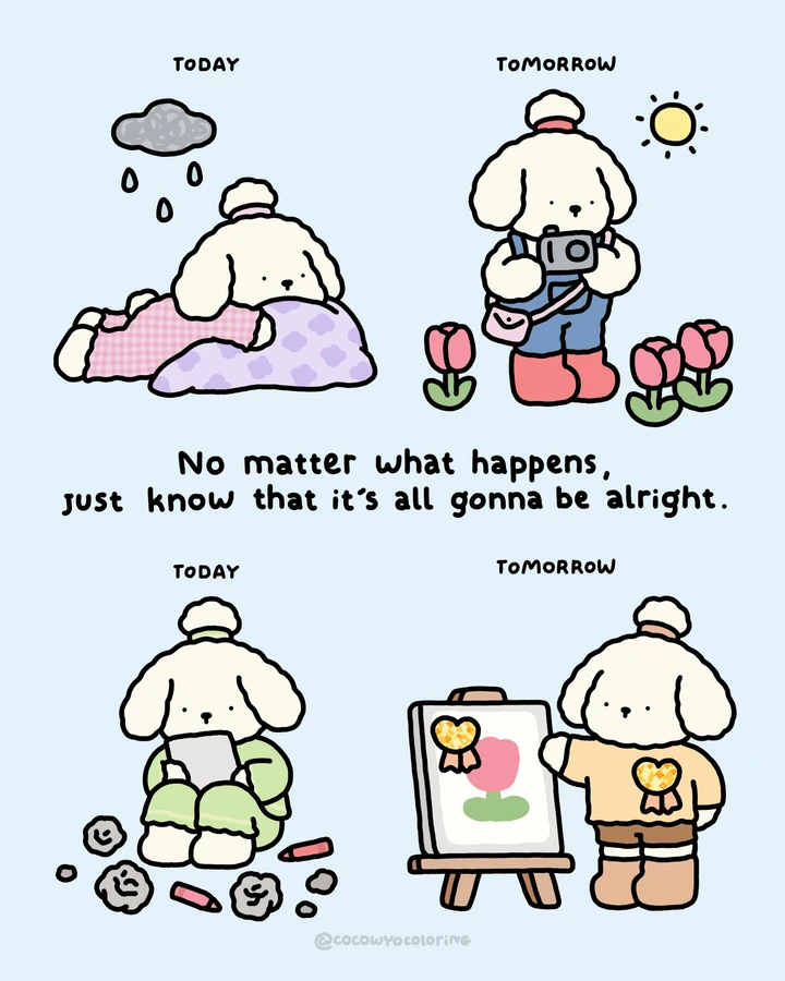 A cozy illustrated reminder reading let's try again tomorrow