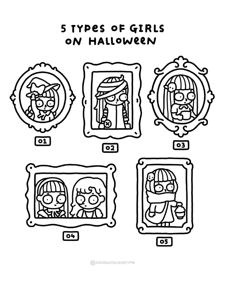 Five types of girls on Halloween coloring page